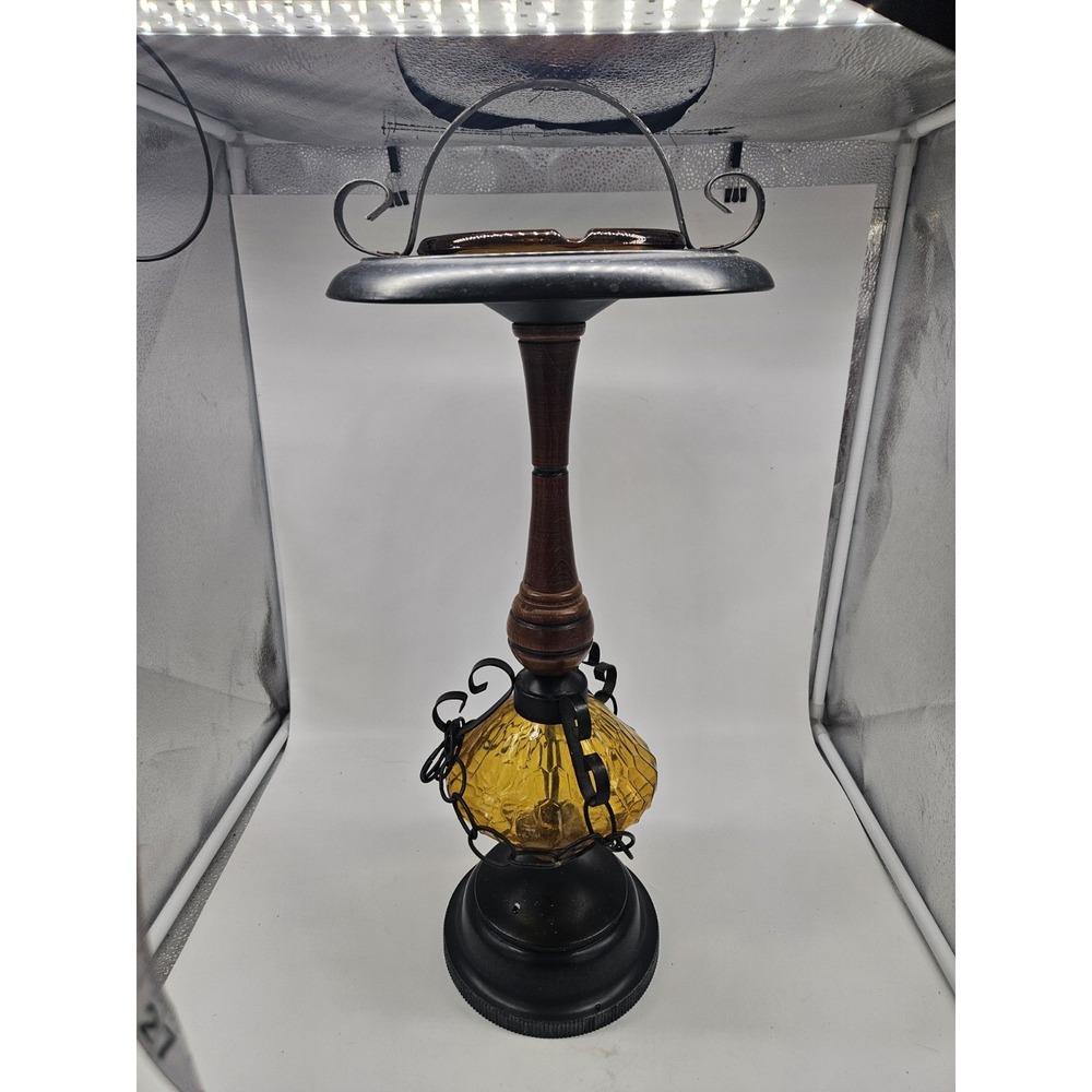 Vintage Wrought Iron ~ Wood ~ Glass ~ Smoking/AshTray Stand ~ 24"H